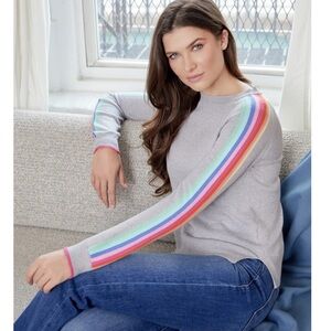 Alashan Cashmere Bowie Stripe Raglan Gray Cotton Cashmere Crewneck Sweater Large